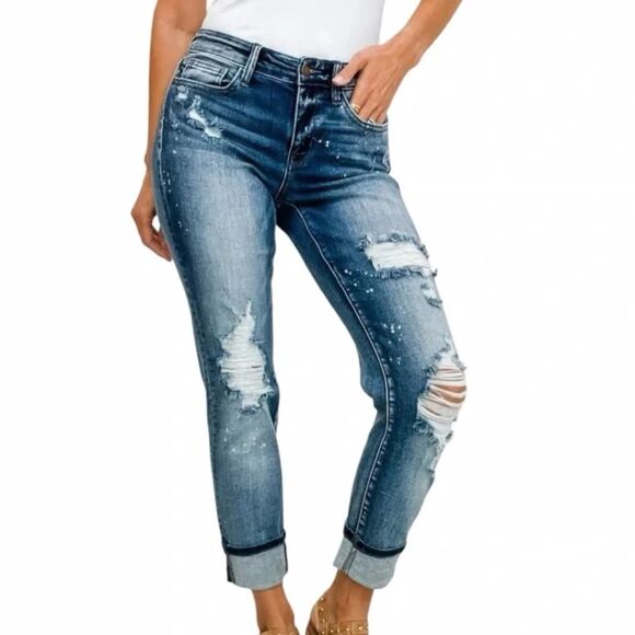 Judy Blue Mid-Rise Boyfriend Fit Jeans Medium Wash Distressed Splatter Denim 18W - Picture 1 of 16